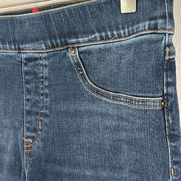 Spanx Blue Distressed Pull-On Ankle Skinny Jeans Raw Hem Size Medium Tall - Picture 6 of 13